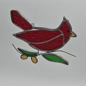 Vtg Red Cardinal Bird Stained Glass Window Hanging Suncatcher